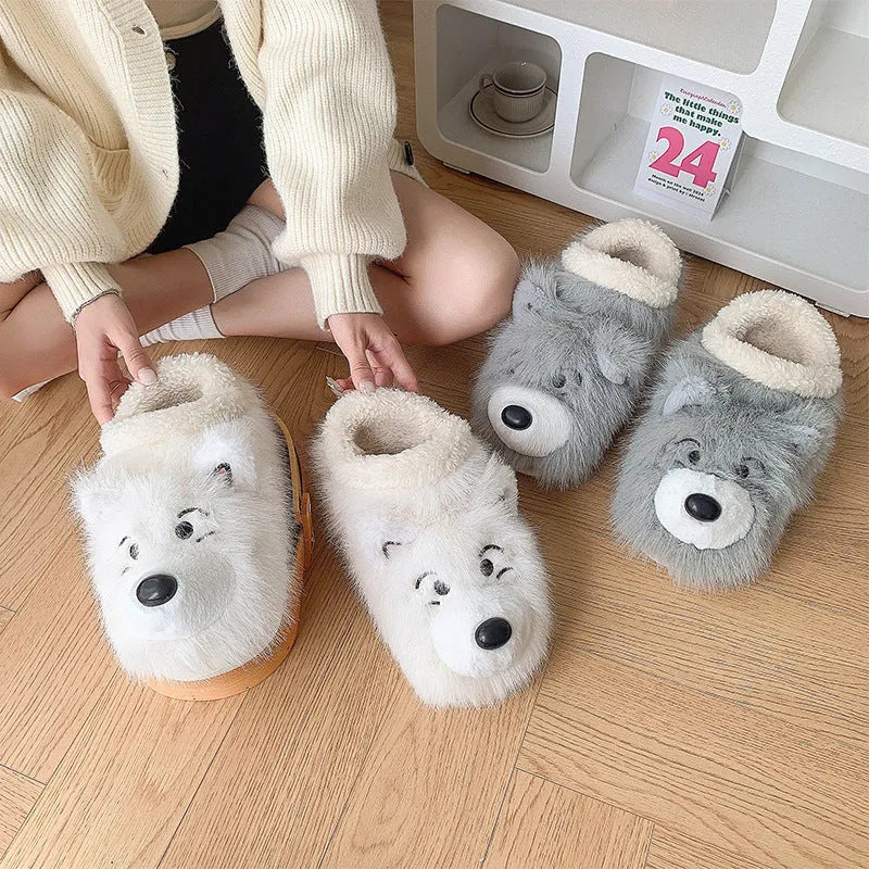 Grey ankle wrap plush slippers with artificial wool lining and a non-slip sole.