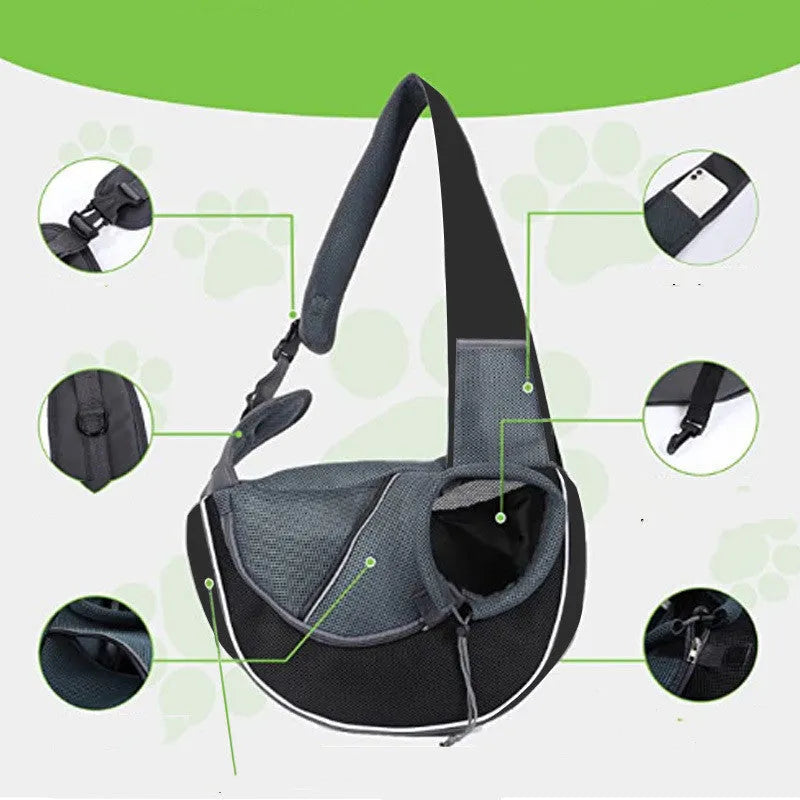 Outdoor portable crossbody pet carrier bag for dogs cats, black Oxford material, drawstring closure