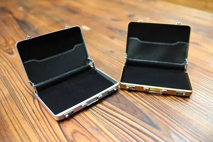 Aluminium mini suitcase business card holder, 9.6x8.2x1.6cm, in golden pink black blue or silvery.