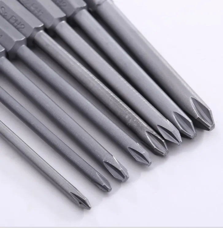 JAPAN SEALS set of eight 75mm long magnetic Phillips head screwdriver bits with hex shanks.