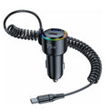 Black T26 75W USB-C car charger with spring wire, 5A Type-C fast charging adapter for vehicle socket