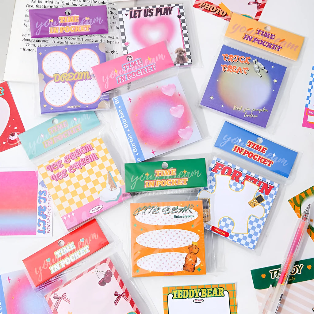 Rectangular 90-sheet note pad with colourful cover designs including Long Dream and Trick-or-treat.