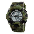 Electronic sports watch with round dial, plastic strap, and multifunctional display showing 30M waterproof rating