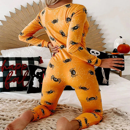 A comfortable and stylish Halloween-themed cotton pajama jumpsuit with long sleeves, available in a variety of festive colors.