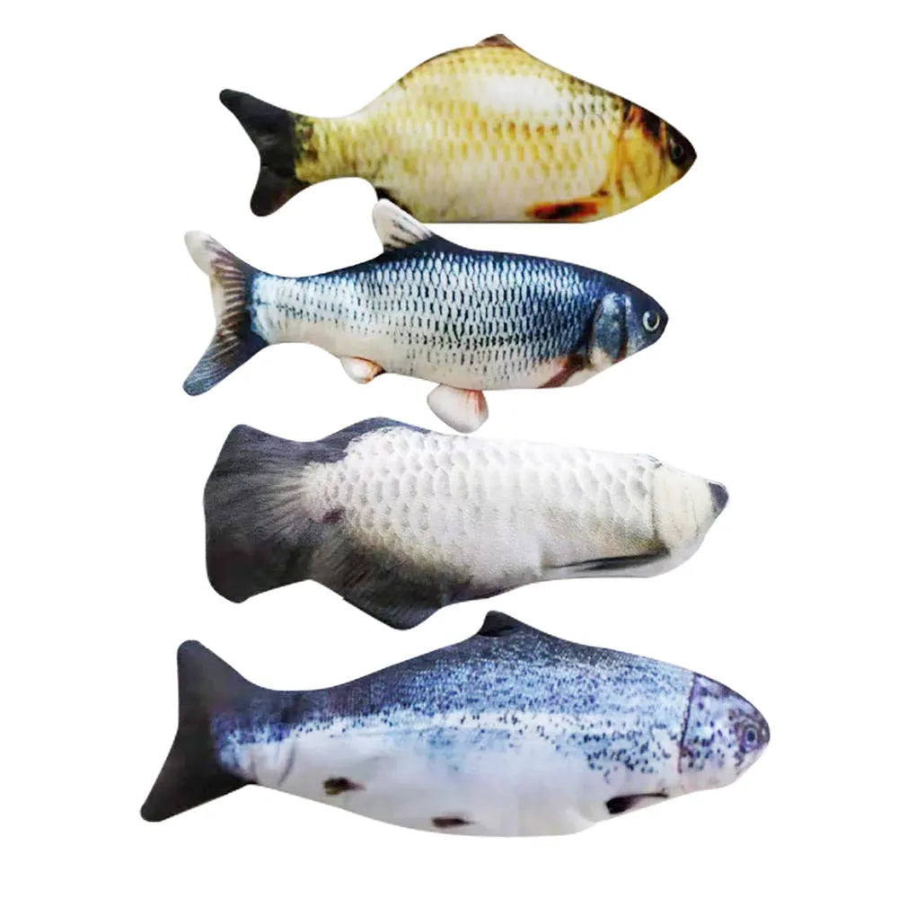 Multicolour electronic jumping fish cat toy with USB cable, measuring 30cm.