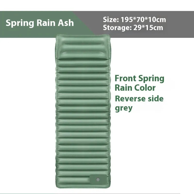 Single inflatable camping mattress in grey colours showing 195cm length and 70cm width dimensions
