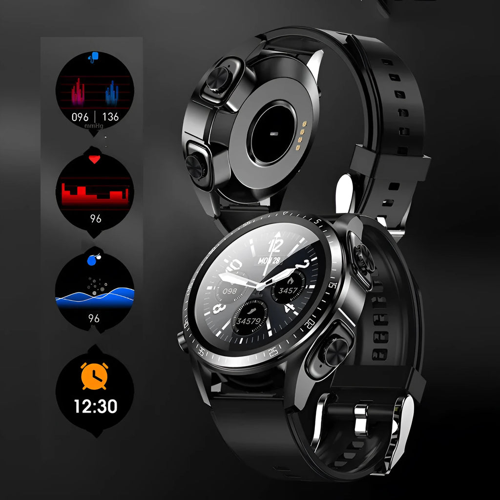 Black smart watch with blood pressure monitoring on a silicone wrist strap showing its 1.28 inch screen