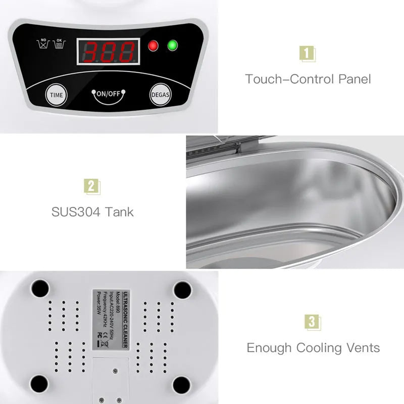 White blue ultrasonic cleaning machine with digital control panel on a countertop, 40KHz household appliance