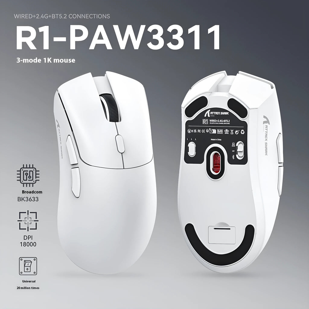 Attack Shark three-mode wireless Bluetooth mouse in black, white, or red colours