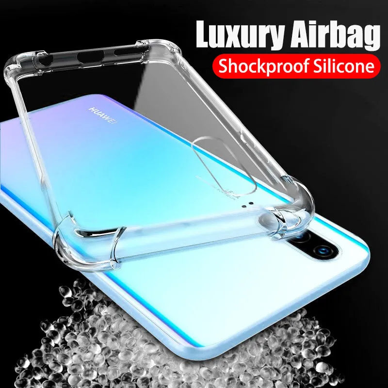 Transparent TPU phone case for Huawei and Honor smartphones showing clear design and model compatibility
