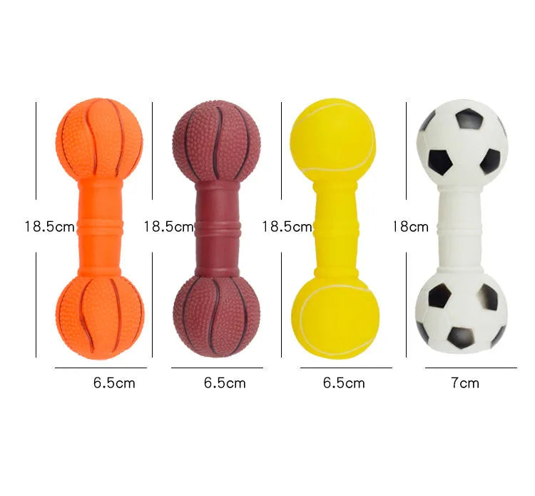 Brown, orange, white, and yellow coloured PVC football dumbbell shaped dog squeaky chew toy.