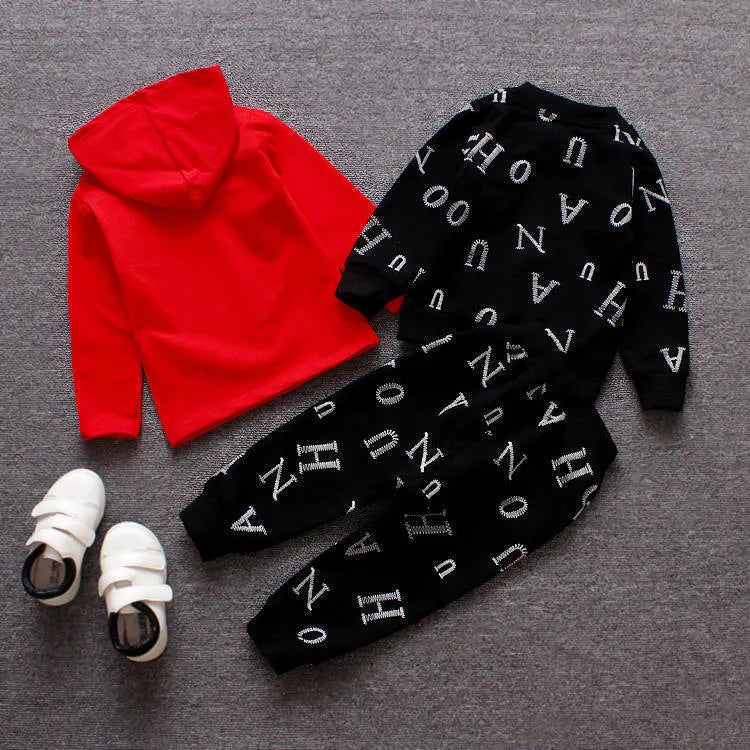 Red and white children's clothing set with long sleeves in sizes 80cm, 90cm, 100cm, and 110cm