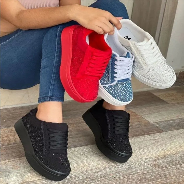 Plus size women's black lace-up casual sports shoes with rhinestones and a thick rubber sole.