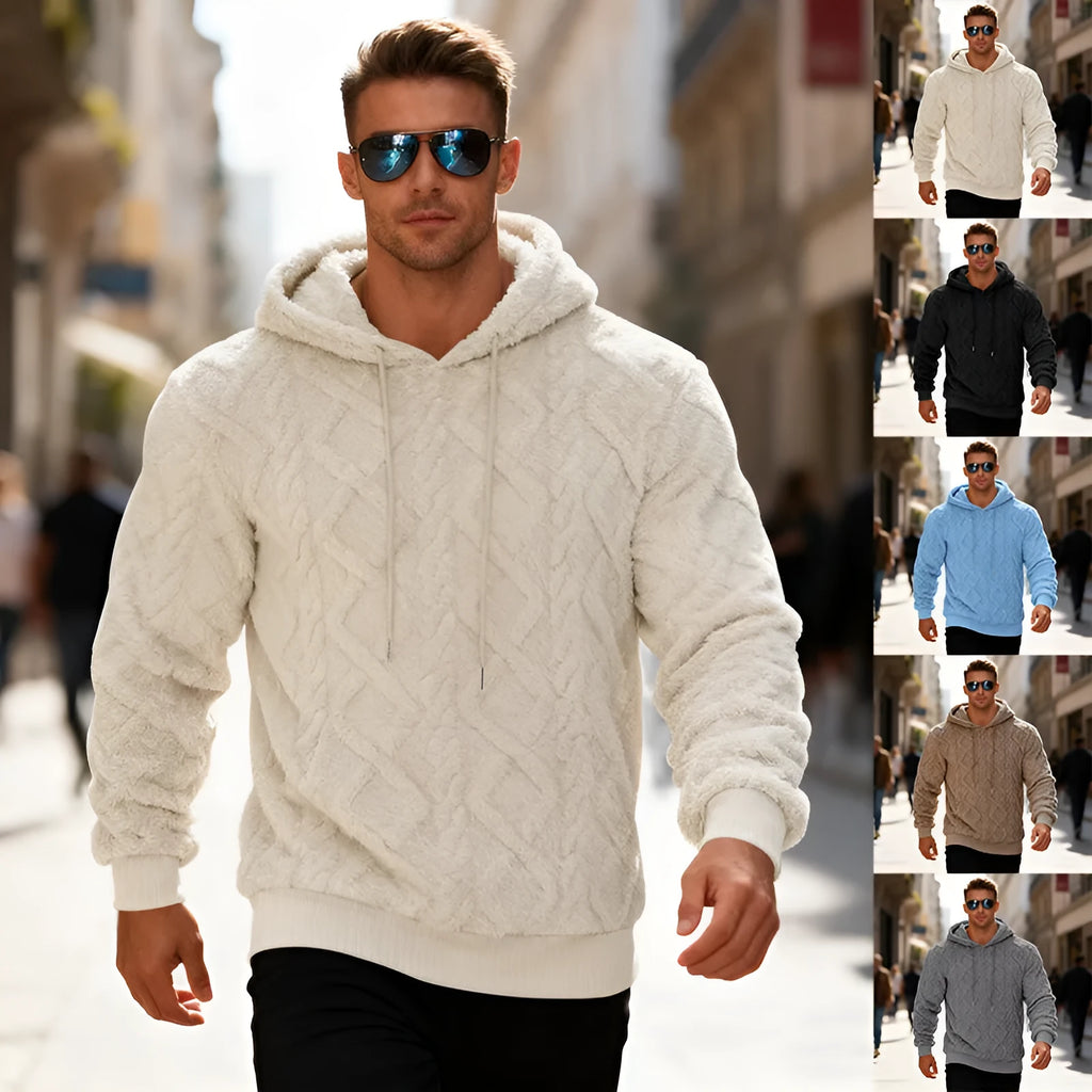 Loose pullover sweatshirt in double-sided velvet with fleece lining, shown in black, light grey, light blue, apricot and brown, sizes S to XXXL