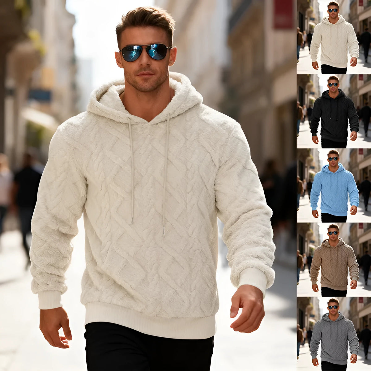 Loose pullover sweatshirt in double-sided velvet with fleece lining, shown in black, light grey, light blue, apricot and brown, sizes S to XXXL