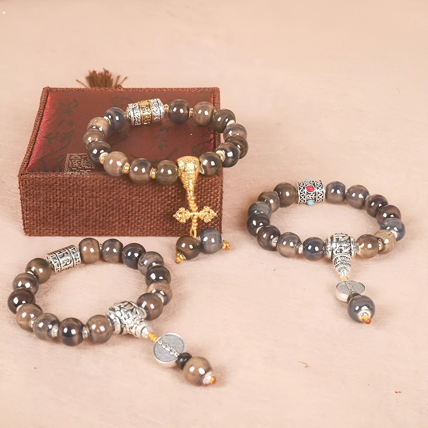 Men's gradient ceramic bracelet with Yonghe blessing charm and coloured glaze beads
