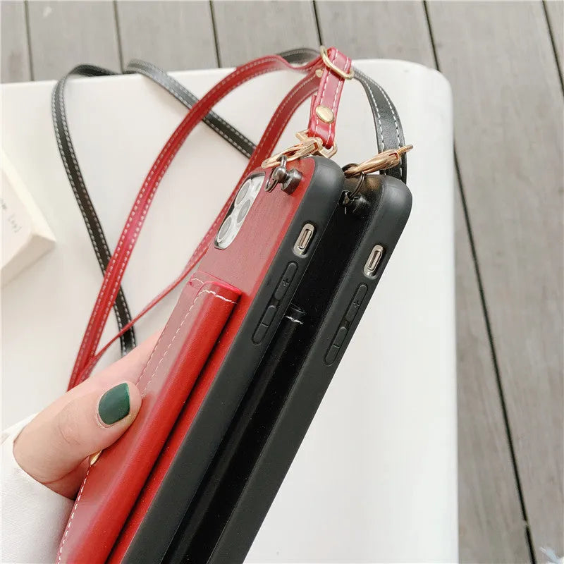 Imitation leather iPhone back cover with 3D coin purse, card slot and messenger rope in black, blue, khaki or red.
