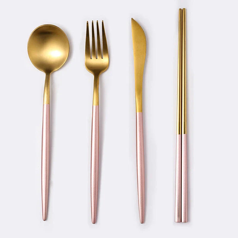 Premium stainless steel cutlery set with a mirror-polished finish, including coffee spoons, dessert spoons, main meal spoons, dessert forks, main forks, and chopsticks, presented in a stylish gift box.