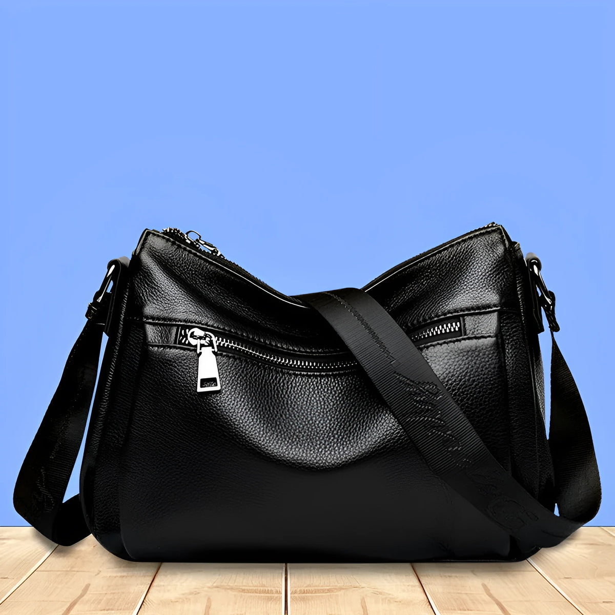 Women's black genuine leather crossbody bag with first layer cowhide, nylon lining, 27x9x22cm, single shoulder strap