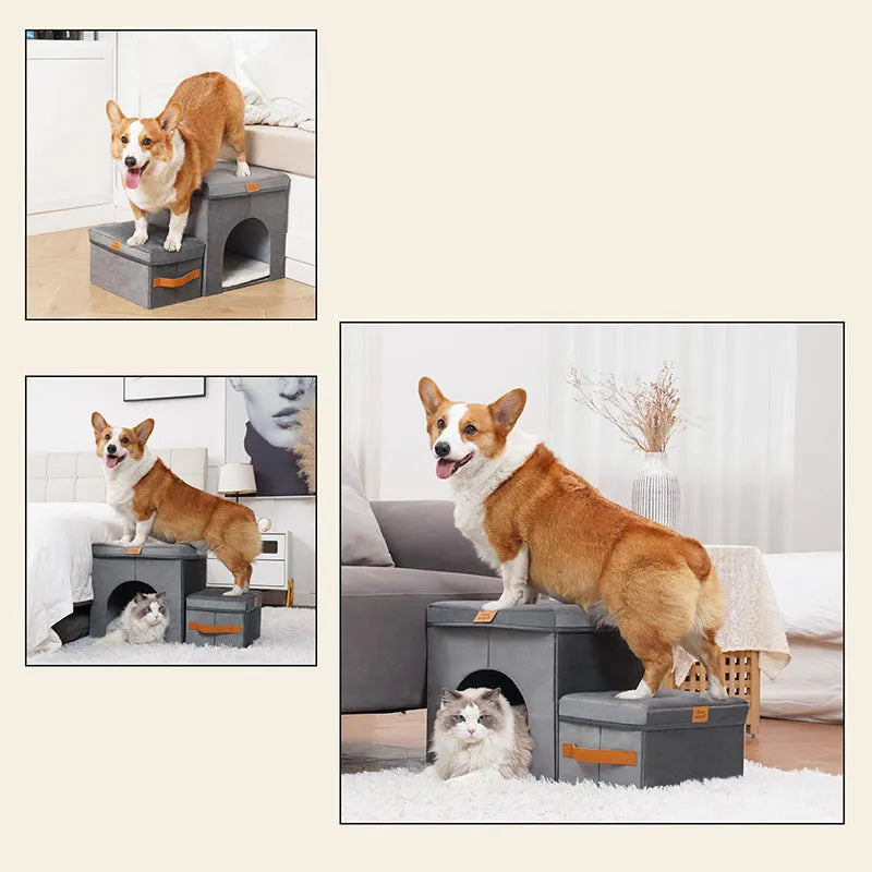 Grey foldable cloth dog stairs with 2 or 3 steps, 33cm wide, for small dogs at home