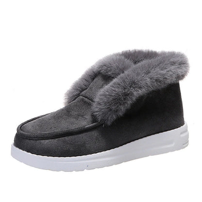 Cozy winter ankle boots for women with plush faux fur lining and suede upper in black, grey, and brown colors