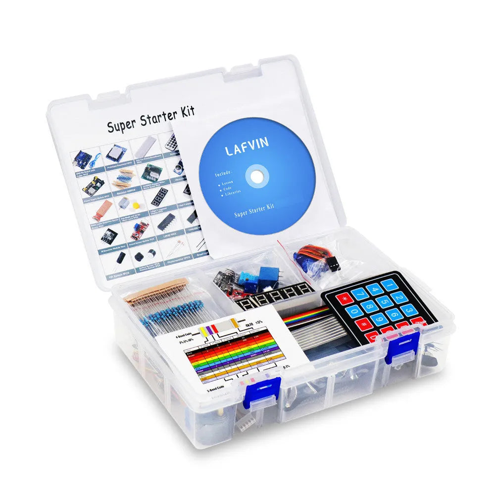 LAFVIN Arduino UNO R3 Super Starter Kit with blue board, components, and tutorial CD