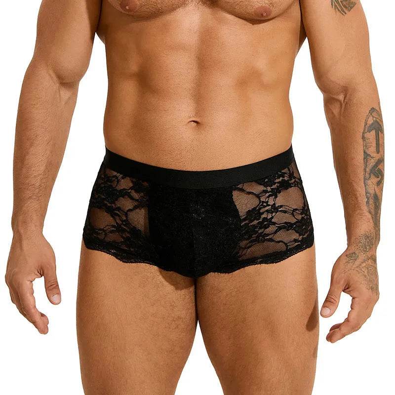 Men's black lace briefs with hollow-out see-through mesh design and adjustable waistband