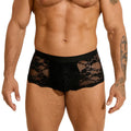 Men's black lace briefs with hollow-out see-through mesh design and adjustable waistband