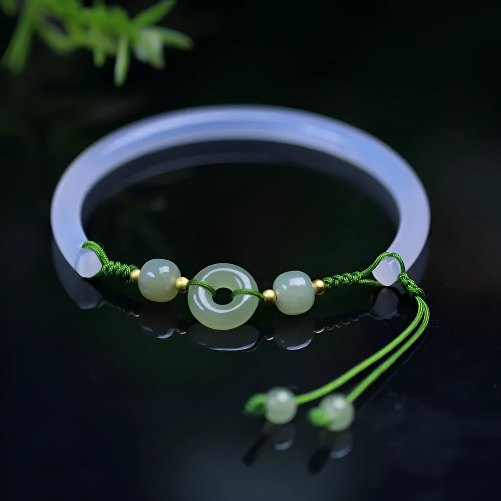 Hand-woven half bracelet with Hetian jade beads and peace buckle clasp in white agate colour