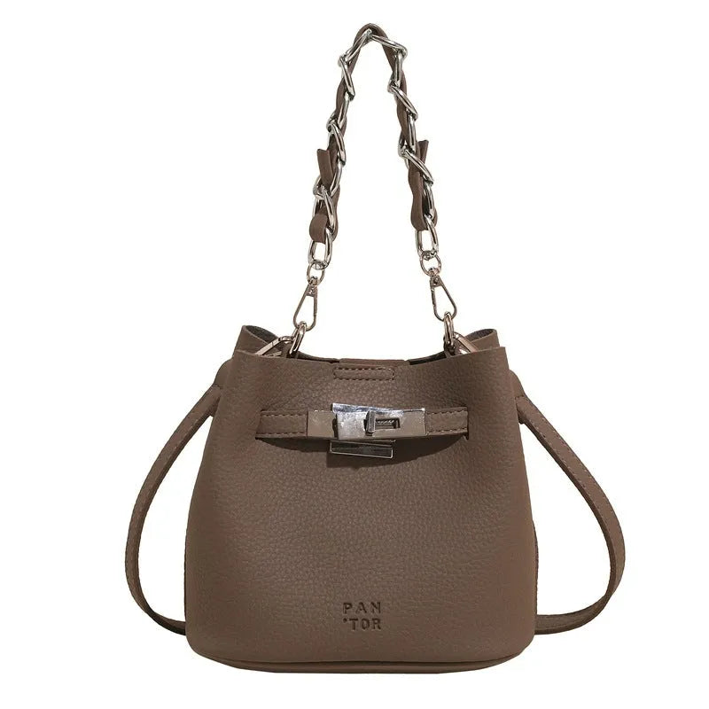 Retro black PU leather bucket shoulder bag with chain detail and adjustable strap