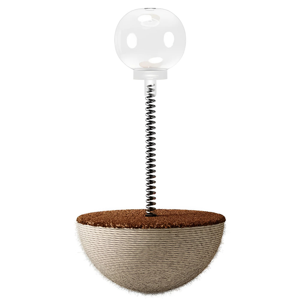 Auto-balancing cat food puzzle toy with slow feeder function in PP plastic and rope construction