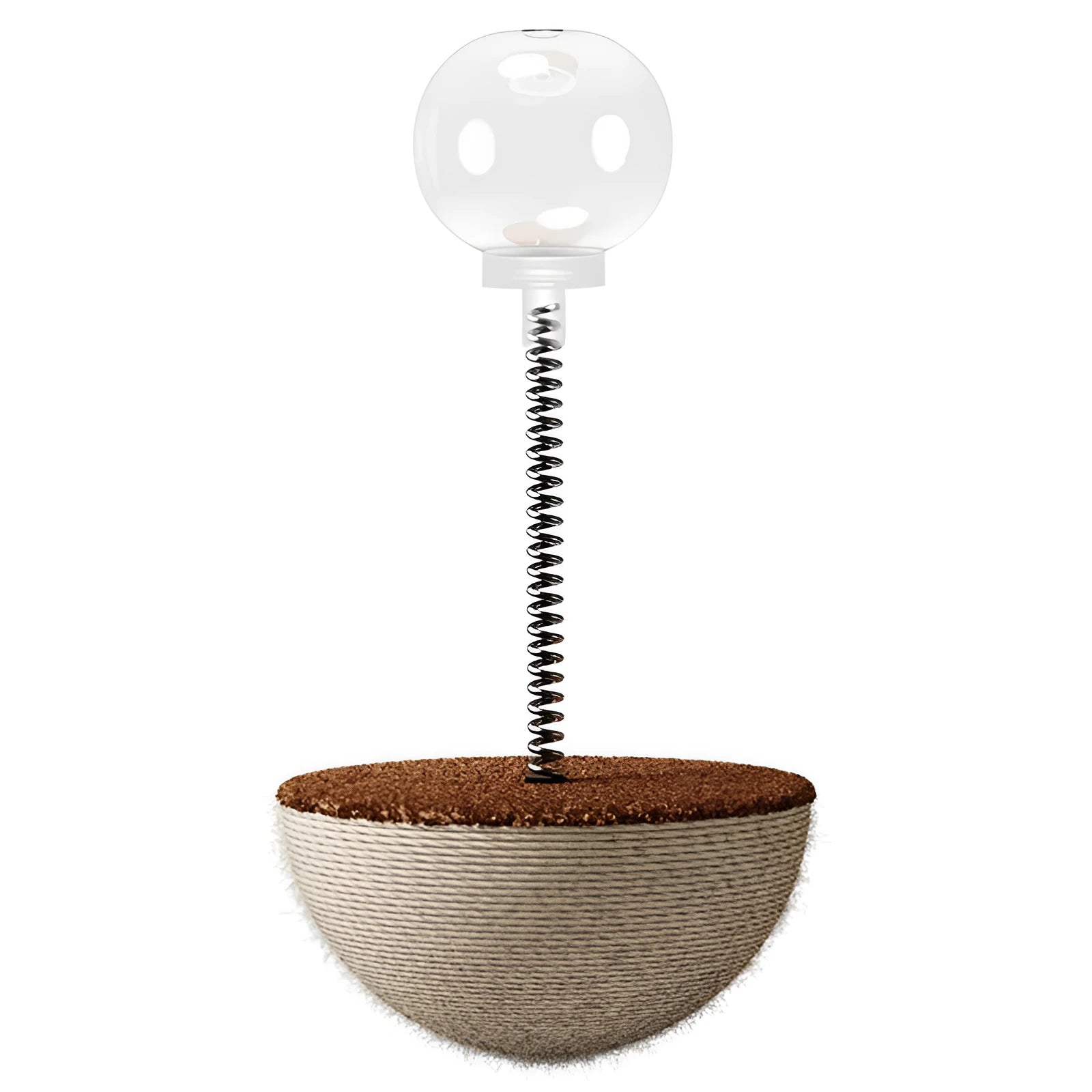 Auto-balancing cat food puzzle toy with slow feeder function in PP plastic and rope construction