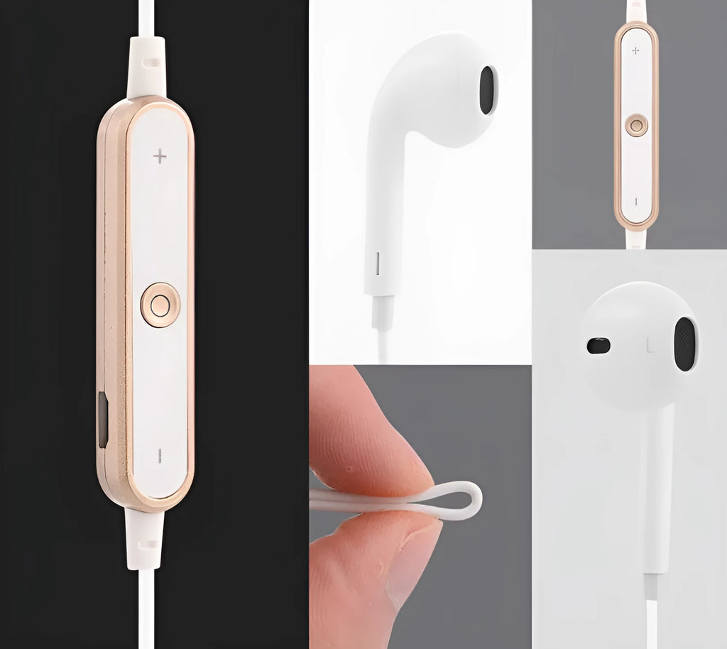 S6 wireless Bluetooth headset for iPhone in Black, White, Champagne Gold, or Silver colour options.