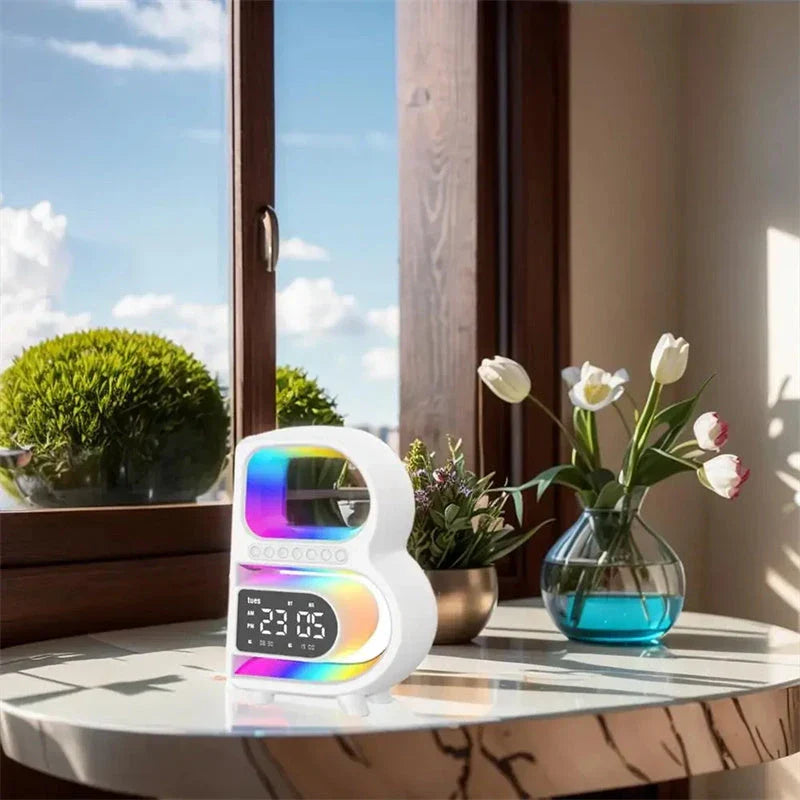 B-shaped Bluetooth desk lamp with wireless charging, adjustable lighting, and alarm clock features