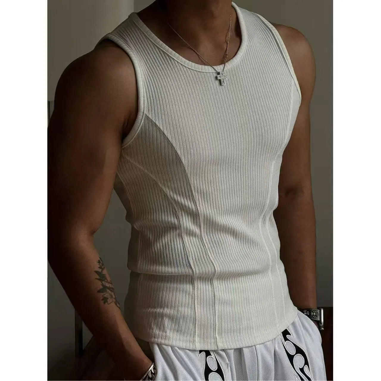 Men's black tight-fitting I-shaped polyester sports vest with American stitching