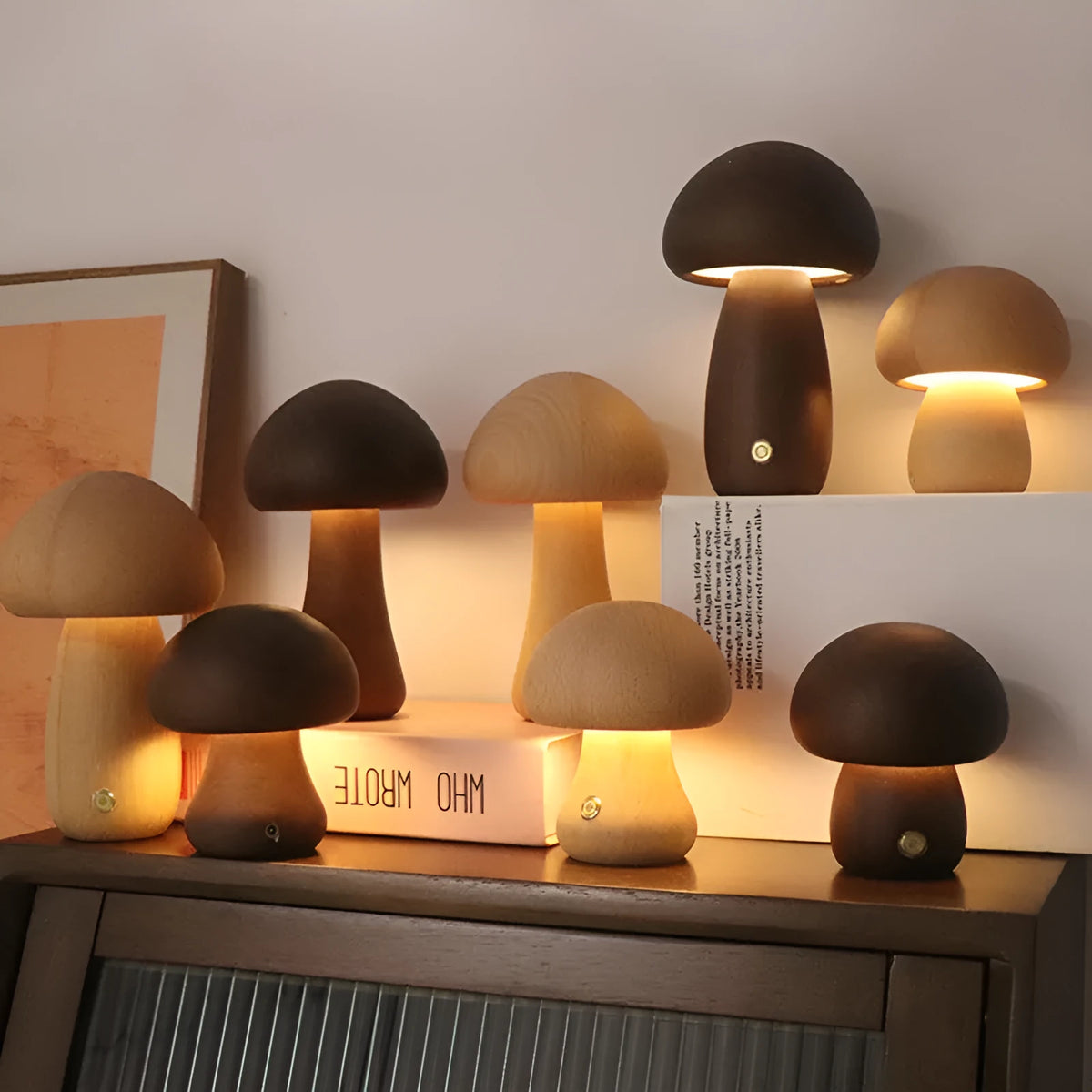 Wooden mushroom LED night light with touch switch, beech or walnut colour, 165 x 100 mm bedside lamp