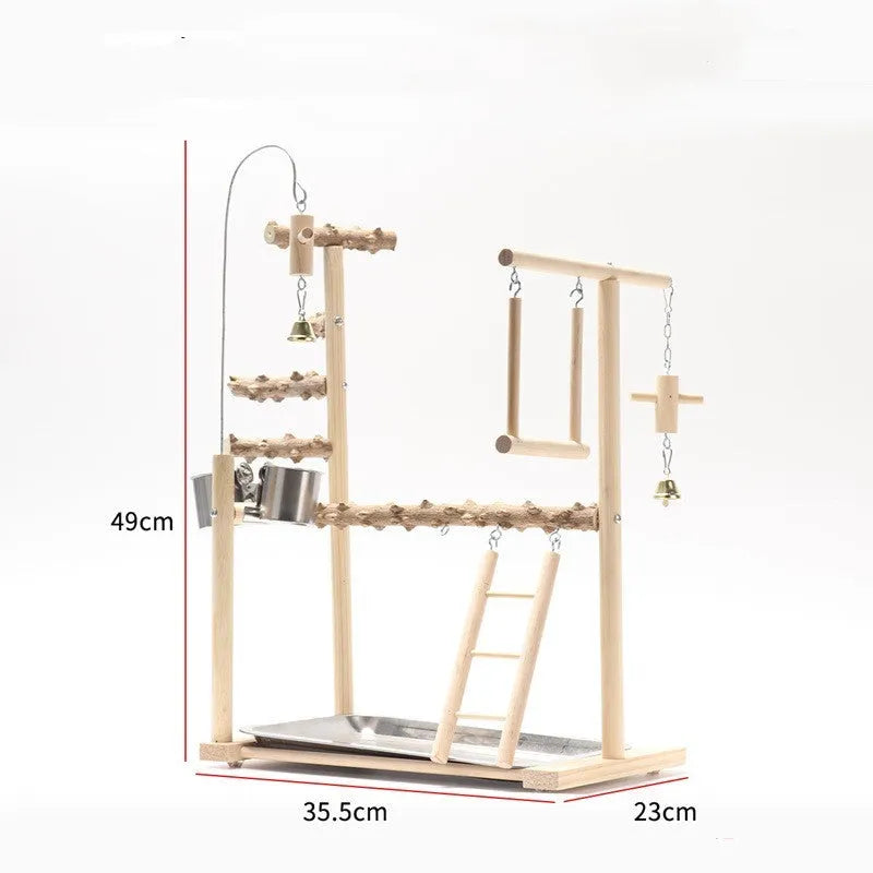 Bird playground stand with solid wood frame and pepper wood branches for parrots