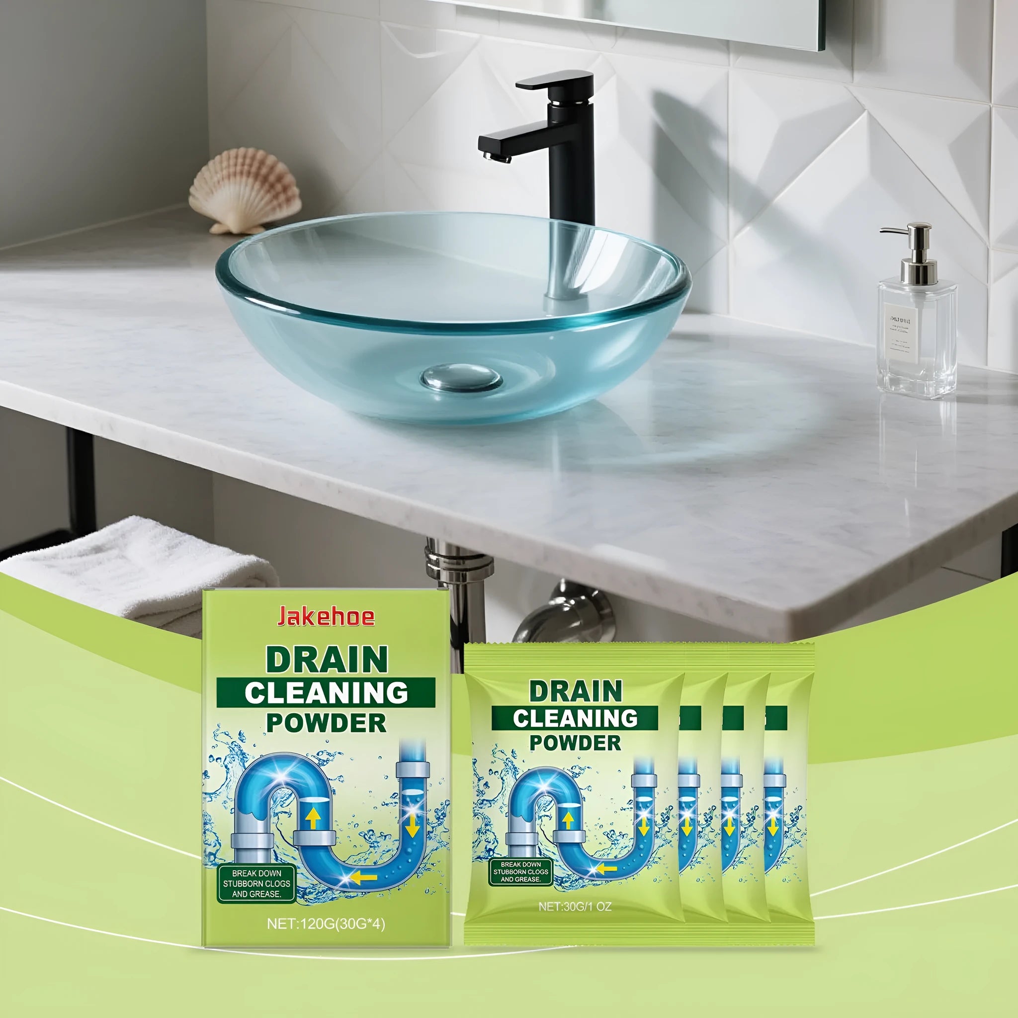 120g container of drain cleaning powder for household sink, shower, toilet, and pipe blockages