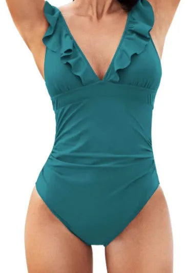 Women's one-piece swimsuit with V-neck, lace-up back and flounce skirt in multiple colour options