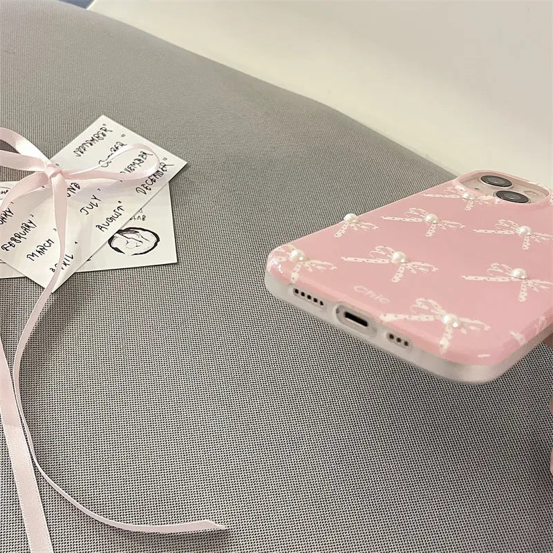 Pink Girl Pearl Bow Stereo Phone Case with three-dimensional pearl dot bow decoration for iPhone 13 Pro Max