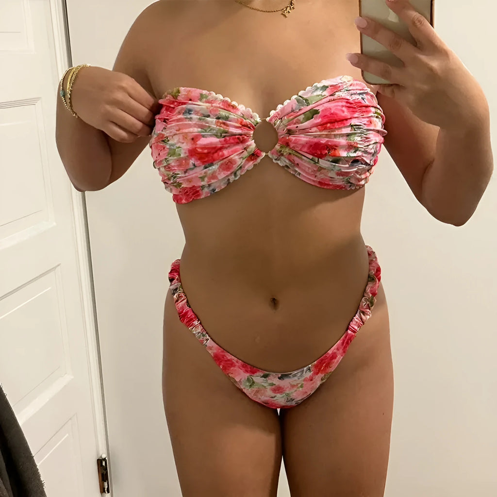 Women's lace print bikini set in blue, pink, yellow, or multicolour floral patterns, sizes S M L.