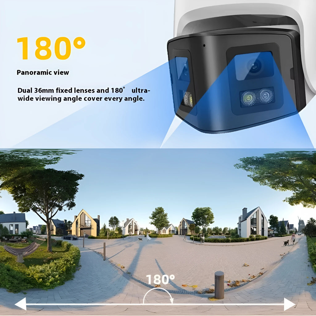 Dual-lens panoramic CCTV webcam with IP66 waterproof rating for indoor and outdoor security monitoring