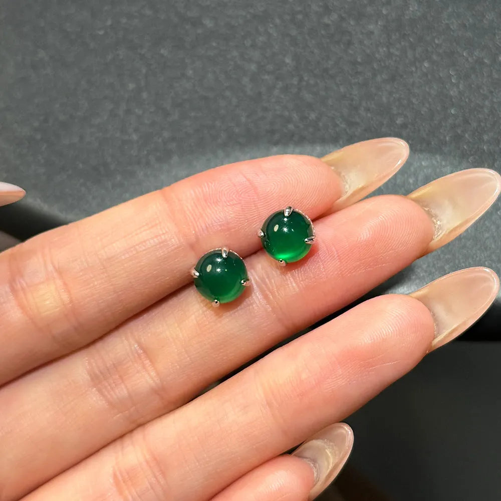 Retro S925 sterling silver green chalcedony stud earrings with platinum electroplated finish, geometric round shape