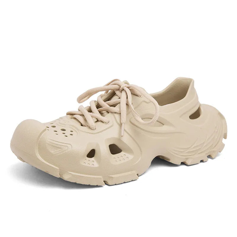 Men's black lace-up outdoor sports sandals with EVA sole on a white background.