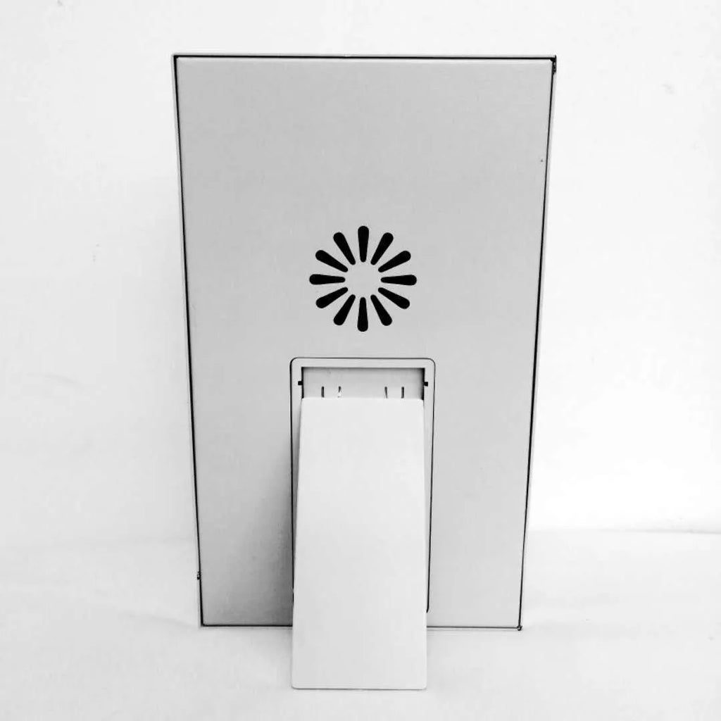 Red light therapy lamp on desktop stand with support frame, red housing and white finish option