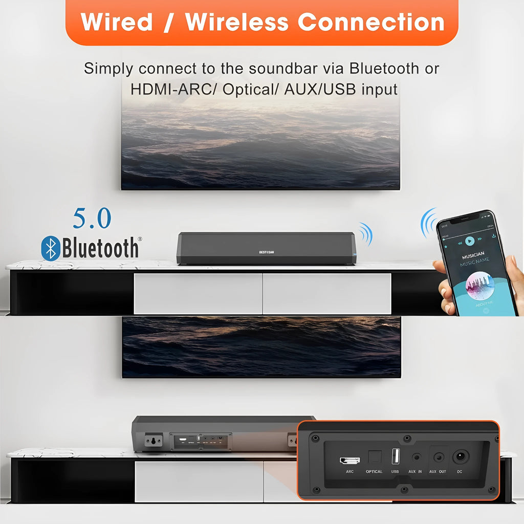 Black 40W wall soundbar with remote control, 420mm wide, HDMI and optical inputs for home TV audio