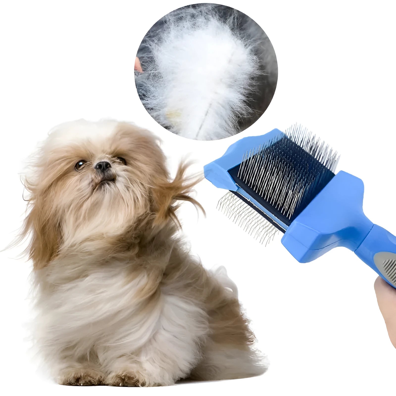 Double-sided pet grooming brush with stainless steel pins in blue or pink colour options