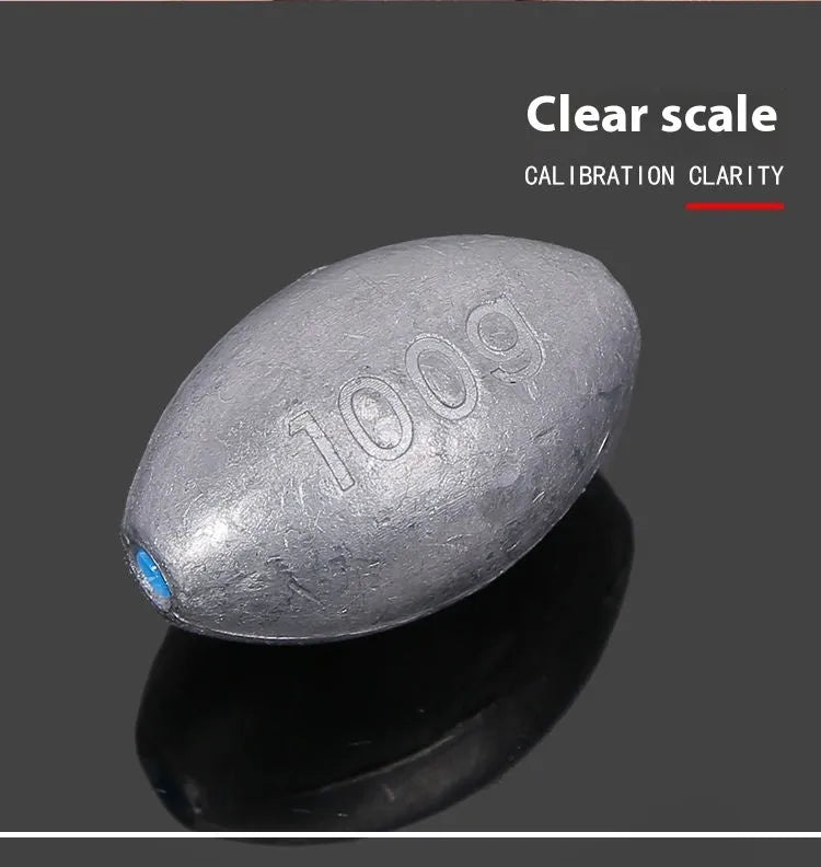 Rugby-shaped olive lead fishing sinker with scale Tongxin pattern, shown alongside weight options from 10g to 150g.