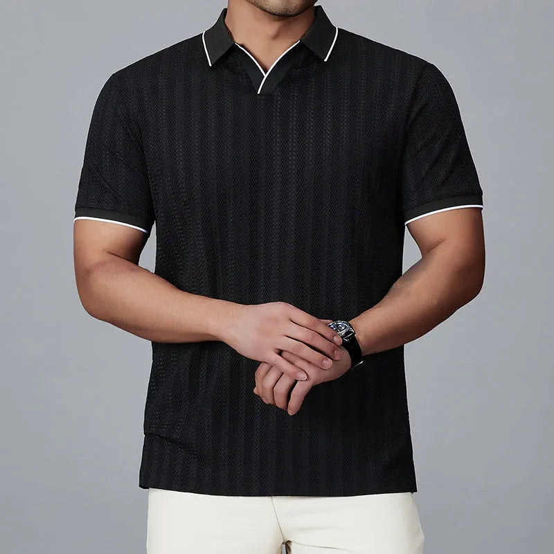 Men's black nylon polo shirt with short sleeves and loose casual fit on hanger