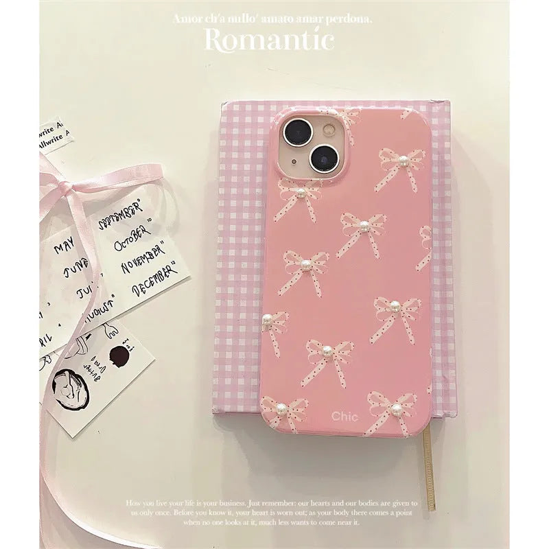 Pink Girl Pearl Bow Stereo Phone Case with three-dimensional pearl dot bow decoration for iPhone 13 Pro Max